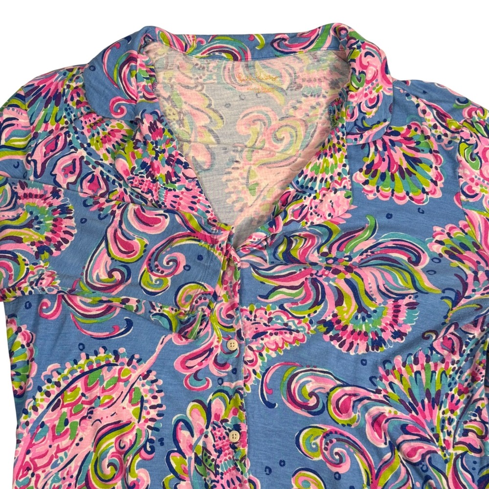 Lilly Pulitzer Knit Button Up Pajama PJ Top Long Sleeve Mermaid Grotto Womens L‎